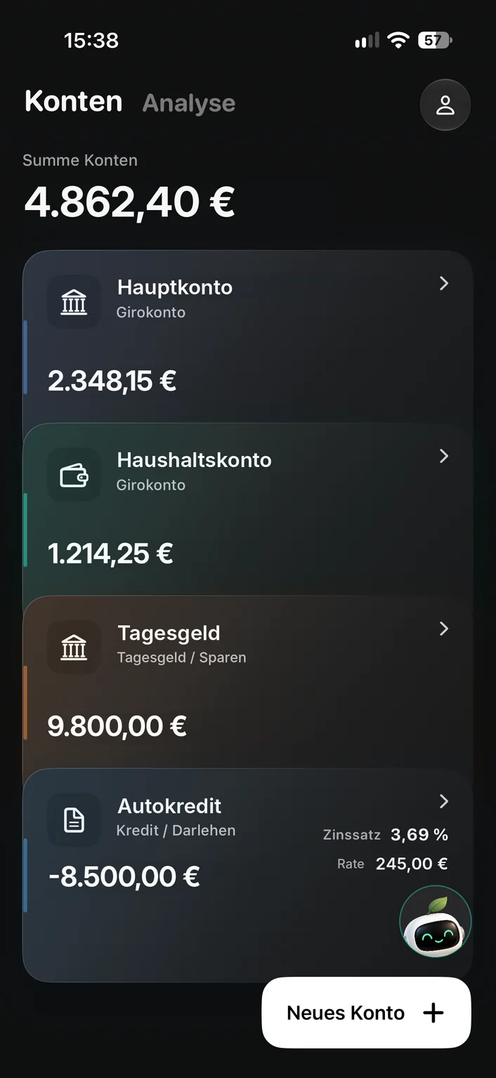 Fynrize Kontenübersicht mit Girokonten, Tagesgeld und Kredit