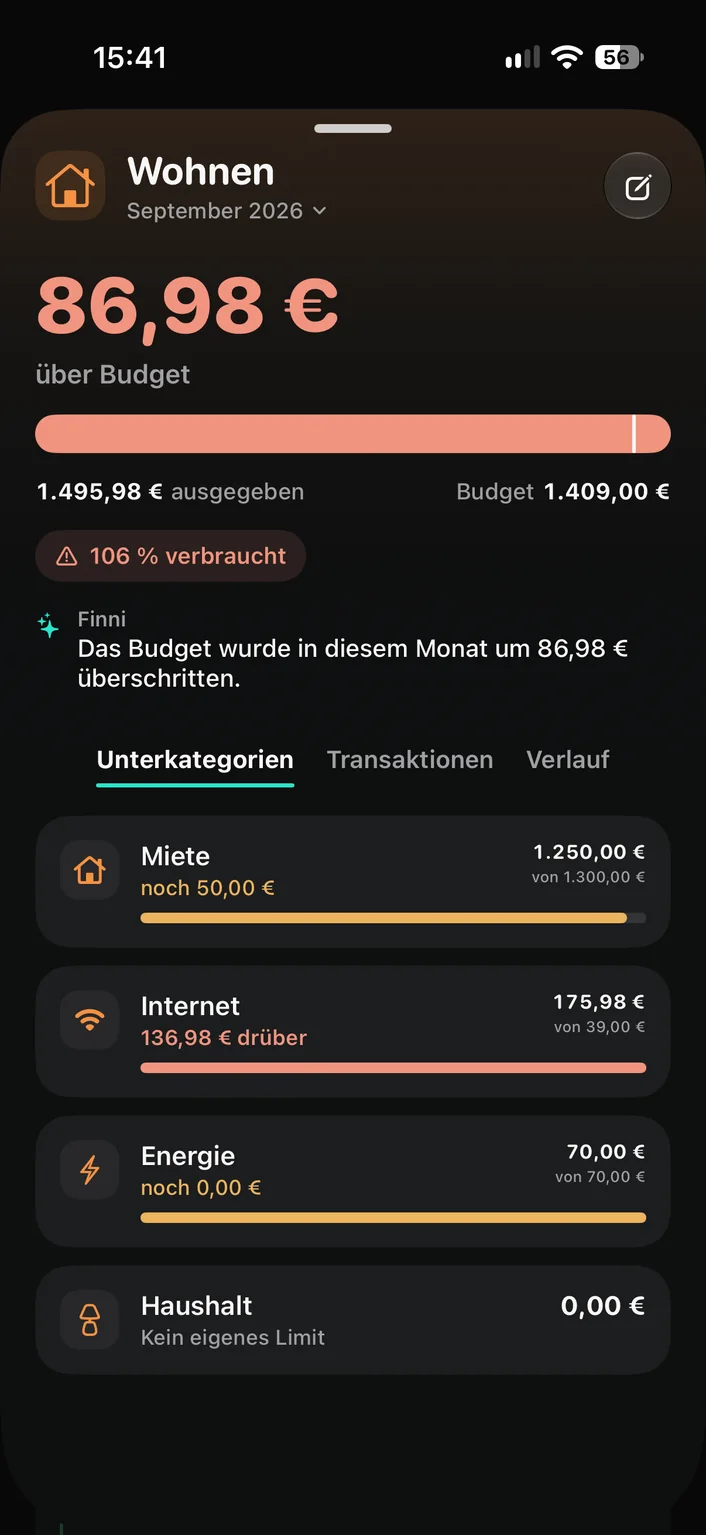 Fynrize Budgetkategorie Wohnen mit Überschreitung und Unterkategorien