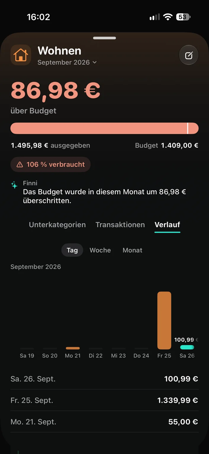 Fynrize Budgetkategorie mit Verlauf der Ausgaben pro Tag