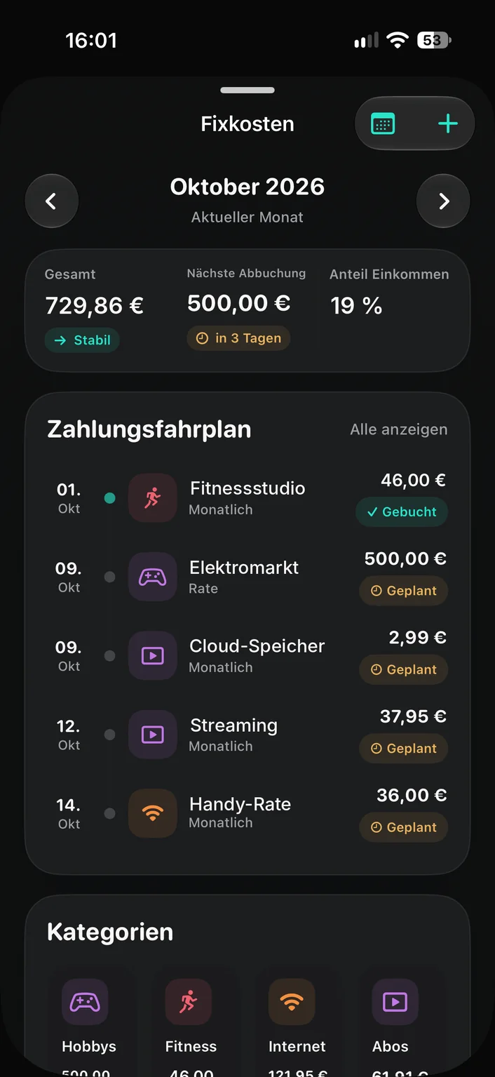 Fynrize Fixkosten mit Zahlungsfahrplan