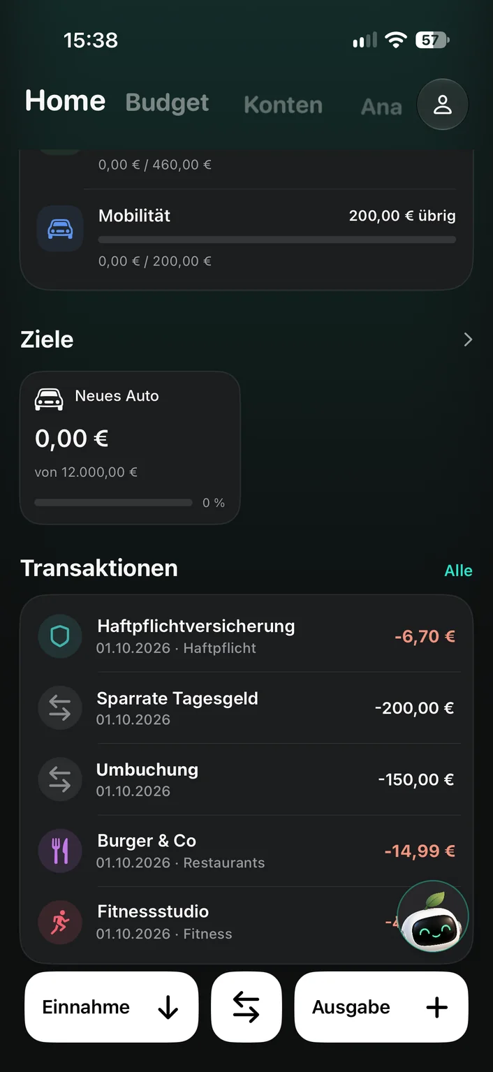 Fynrize Home mit Zielen und letzten Transaktionen
