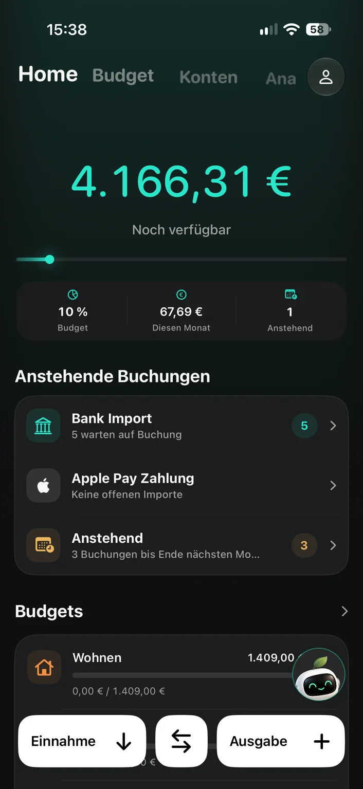 Fynrize Home mit noch verfügbarem Betrag, Budgetverbrauch und anstehenden Buchungen