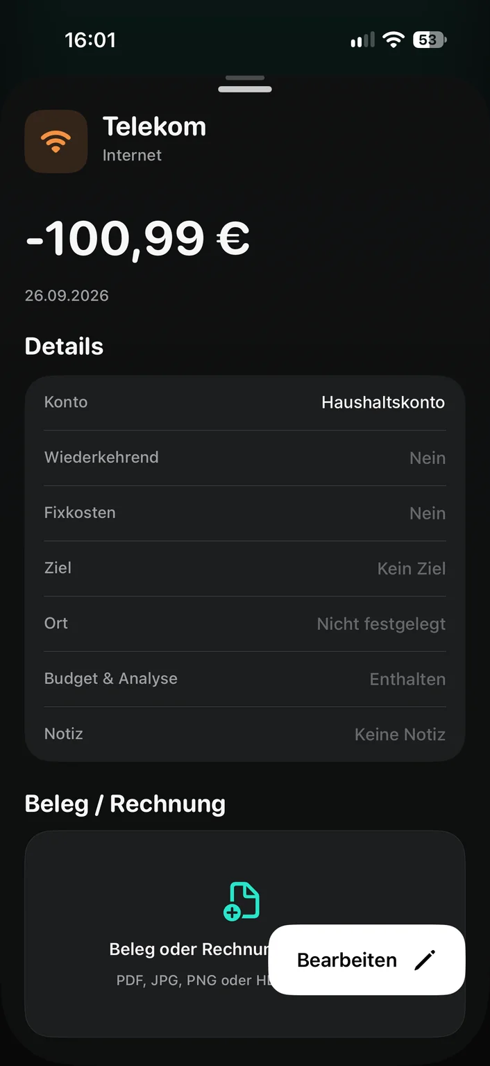 Fynrize Transaktionsdetail mit Konto, Wiederholung, Ziel, Ort und Beleg