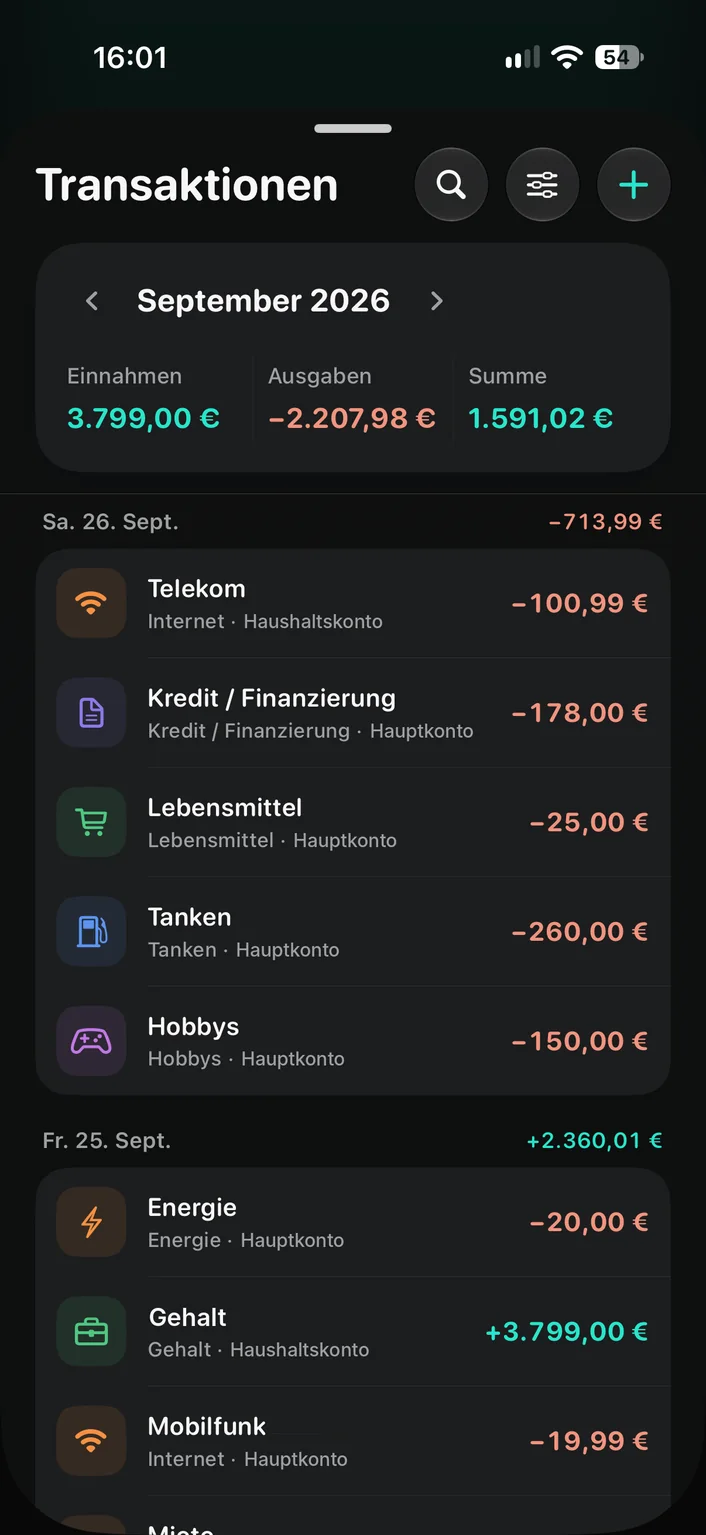 Fynrize Transaktionsliste nach Tagen mit Einnahmen, Ausgaben und Summe des Monats